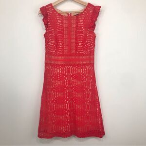 Sangria Red Crochet Lace Ruffle Cap Sleeve A Line Dress